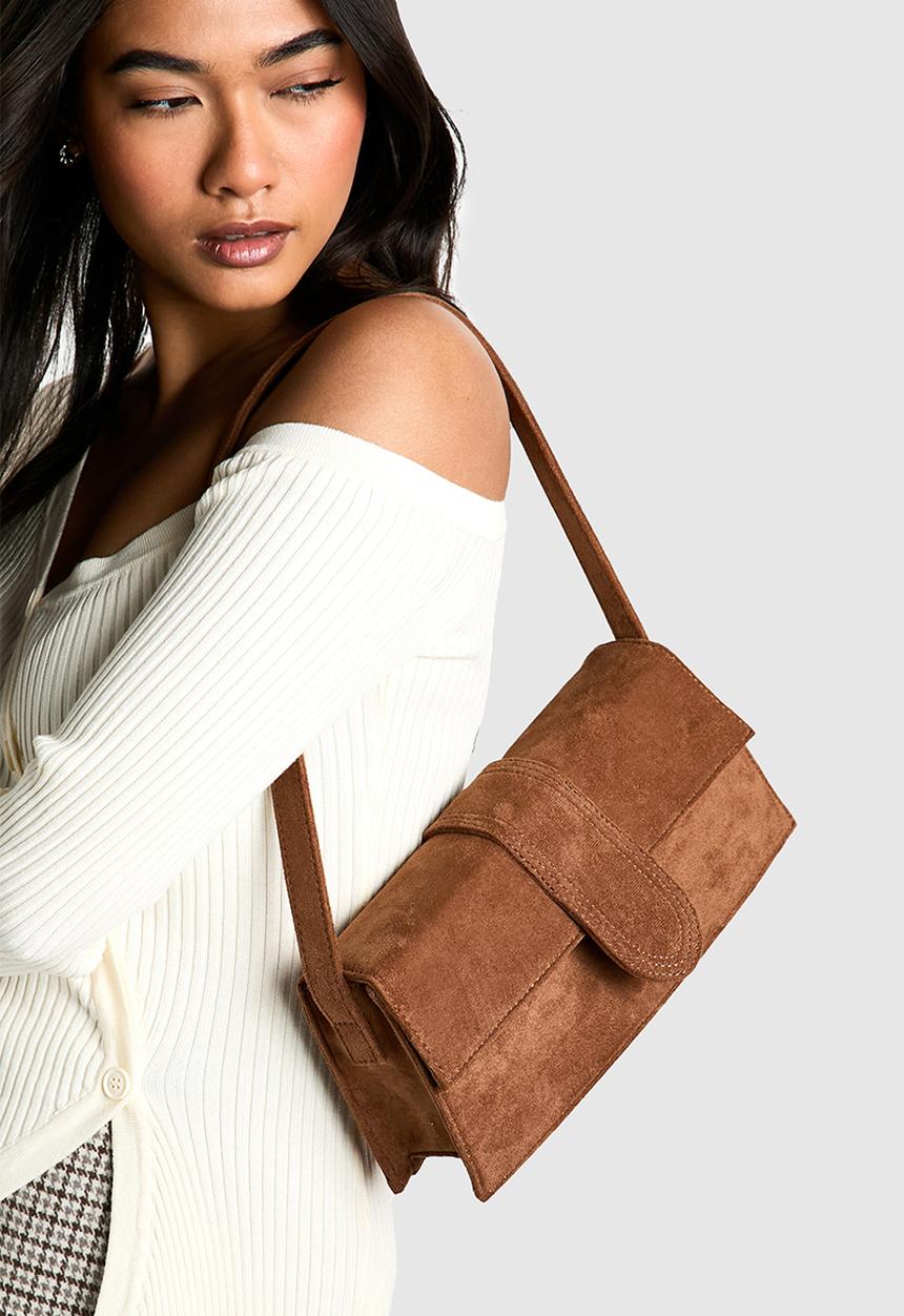 boohoo - Faux Suede Structured Shoulder Bag - taupe
