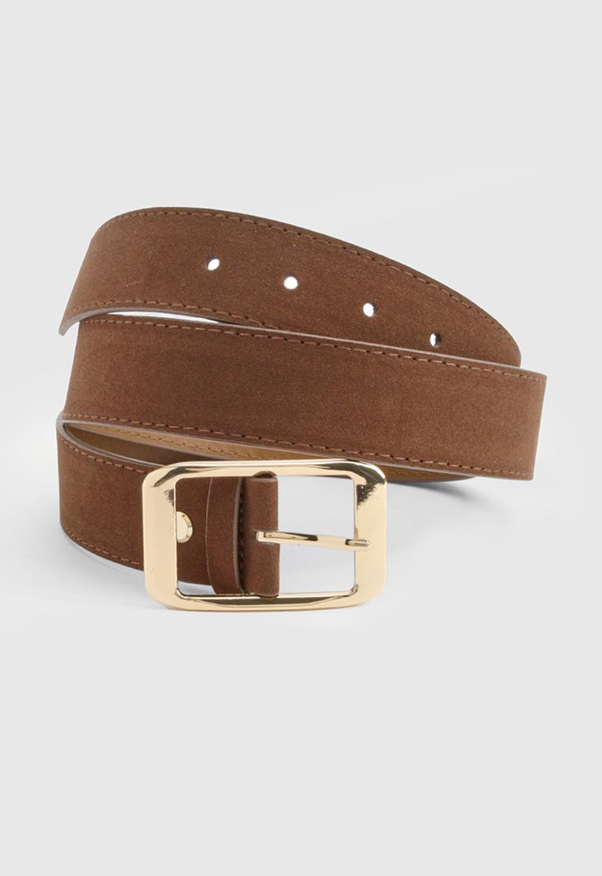 boohoo - Faux Suede Chunky Gold Buckle Boyfriend Belt - chocolate