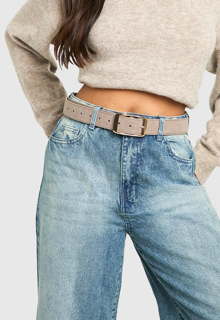 boohoo - Faux Suede Chunky Gold Buckle Boyfriend Belt - taupe