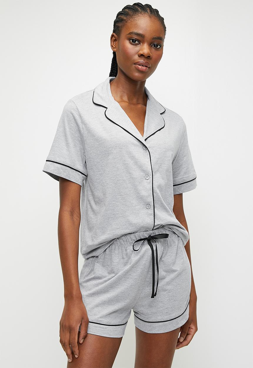 Blake - Knit button down sleep set - grey with black piping