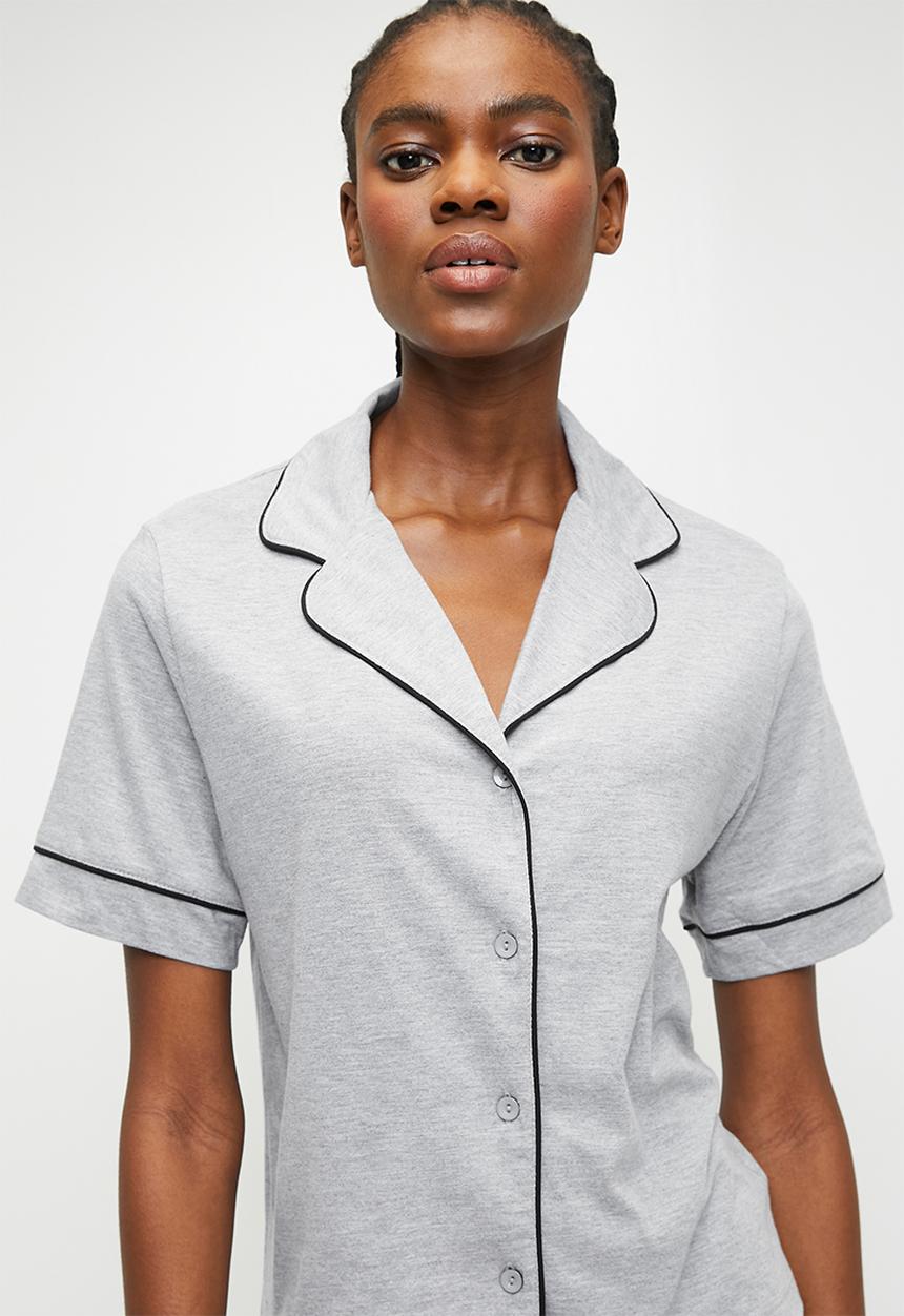 Blake - Knit button down sleep set - grey with black piping