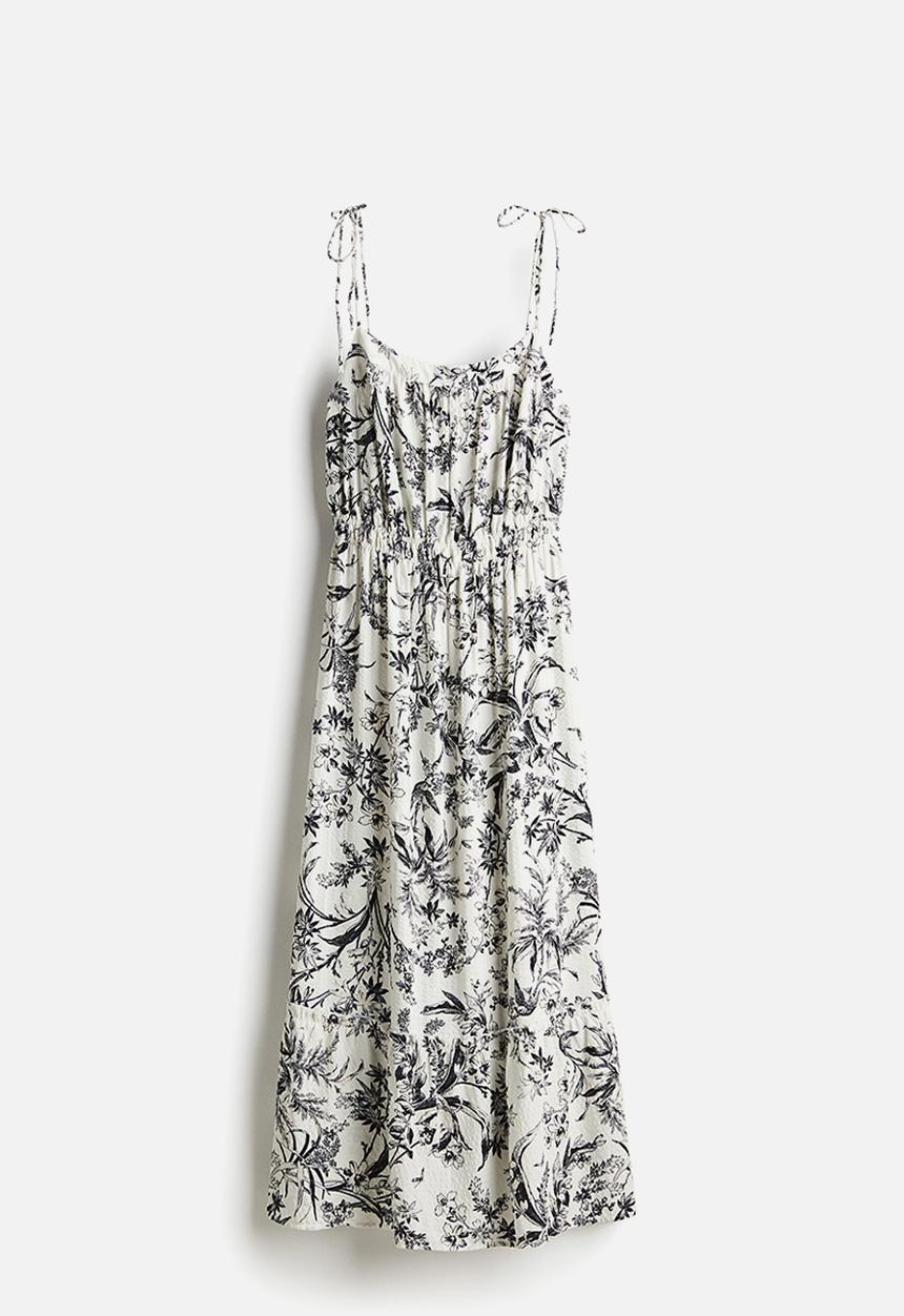 H&M - Tie-strap midi dress -white/grey patterned 