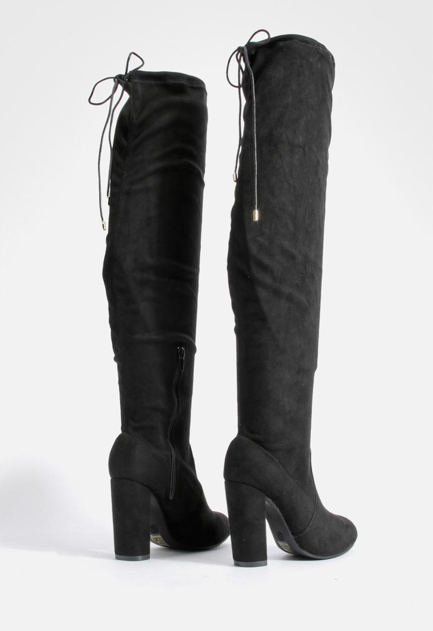 boohoo - Block heel tie faux suede thigh high boots - black