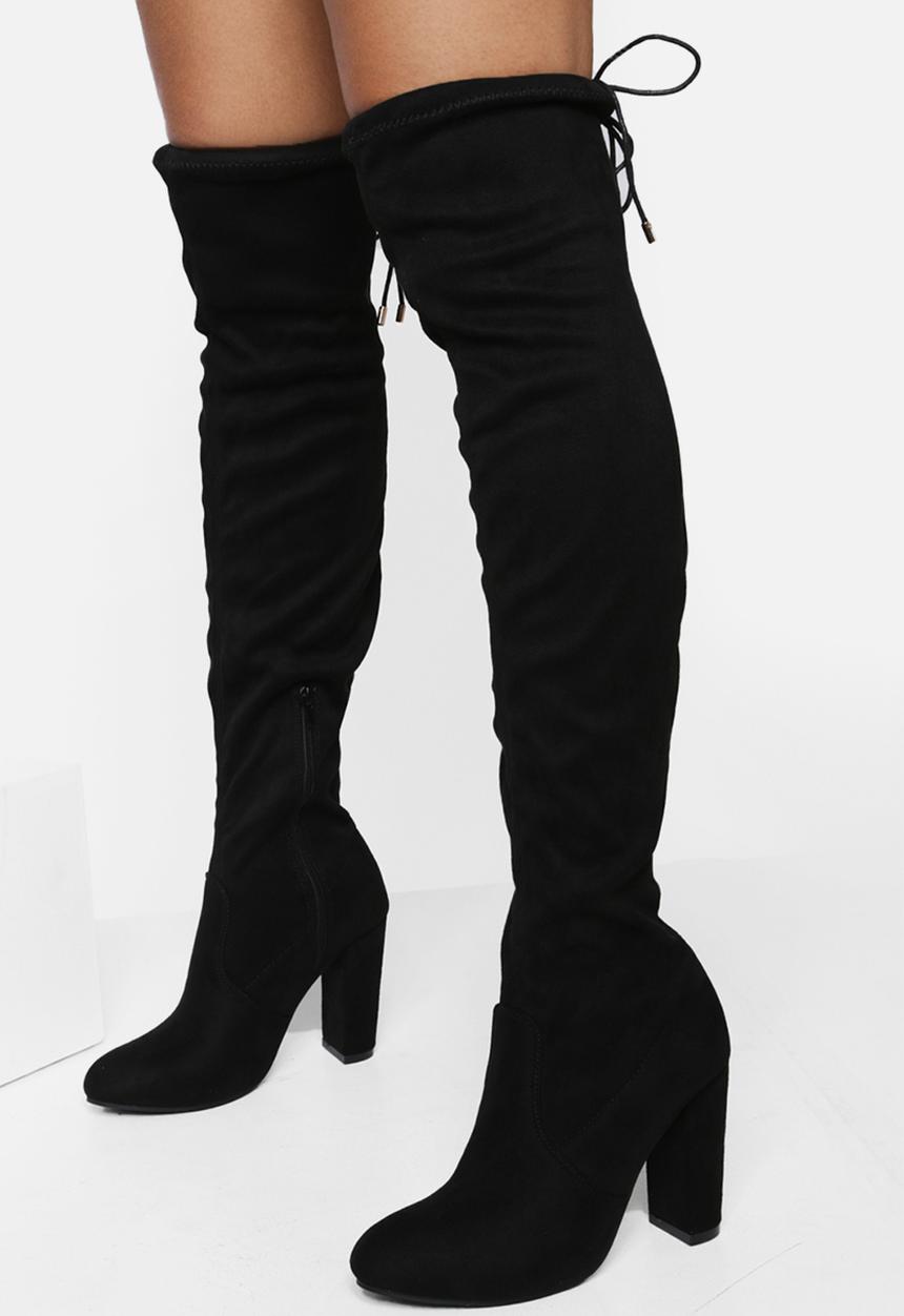 boohoo - Block heel tie faux suede thigh high boots - black