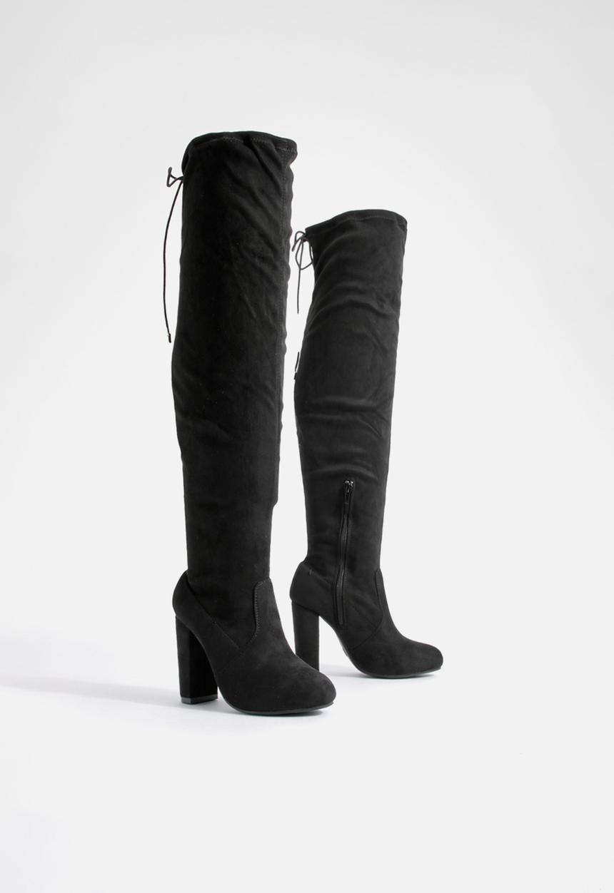boohoo - Block heel tie faux suede thigh high boots - black