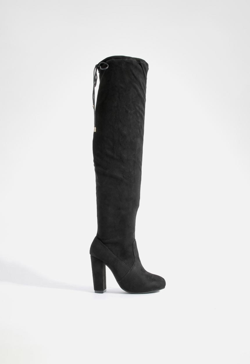 boohoo - Block heel tie faux suede thigh high boots - black