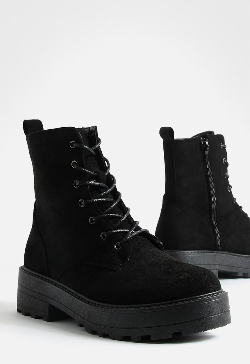 boohoo - Faux suede lace up chunky hiker boots - black