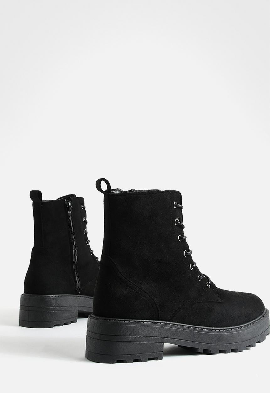 boohoo - Faux suede lace up chunky hiker boots - black