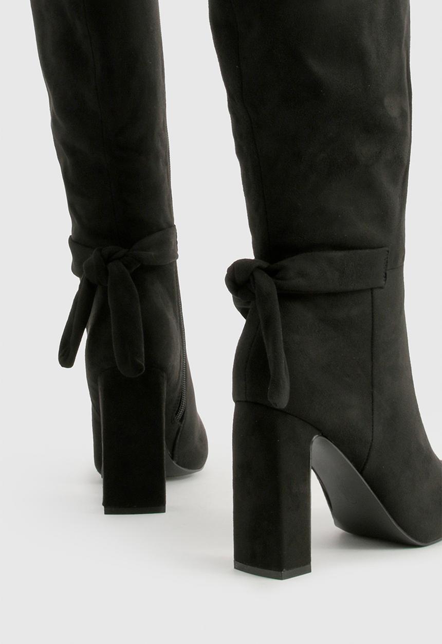boohoo - Bow detail block heel knee high boots - black
