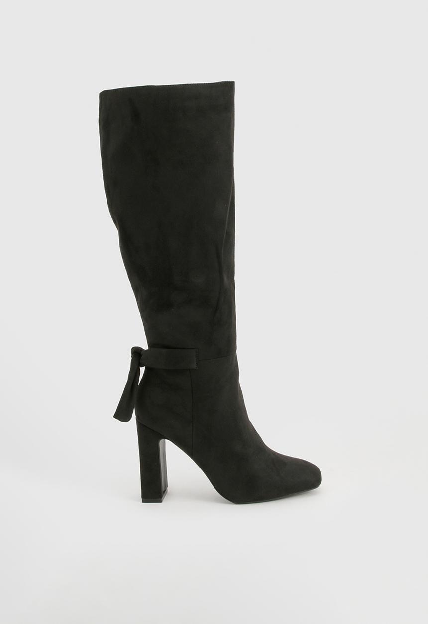 boohoo - Bow detail block heel knee high boots - black