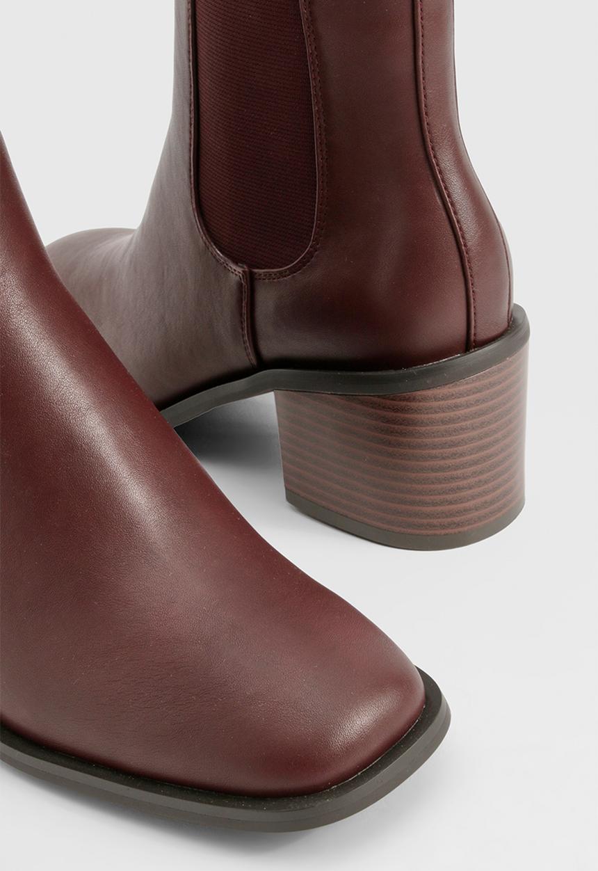 boohoo - Wooden Block Heel Tab Detail Shoe Boots - Oxblood