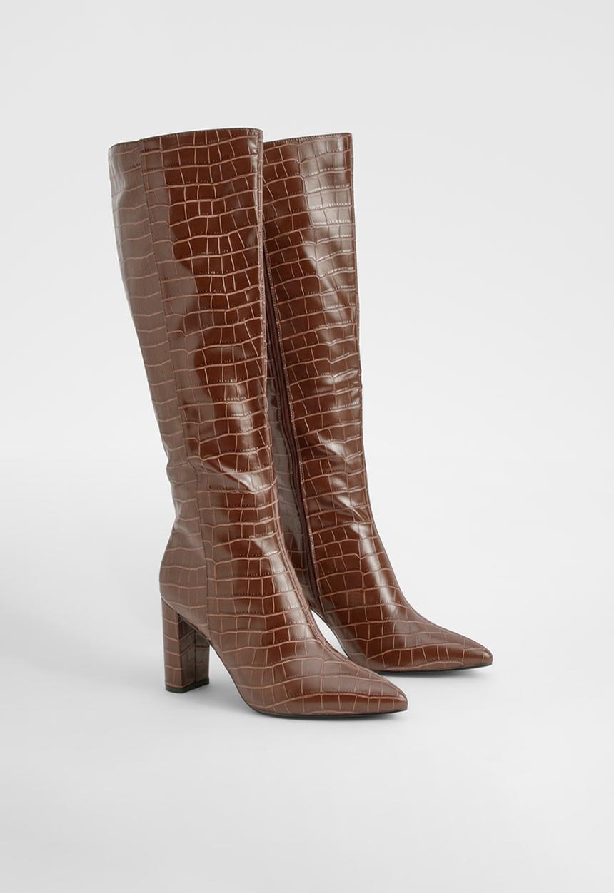boohoo - Pointed Toe Croc Knee High Boots - Chocolate