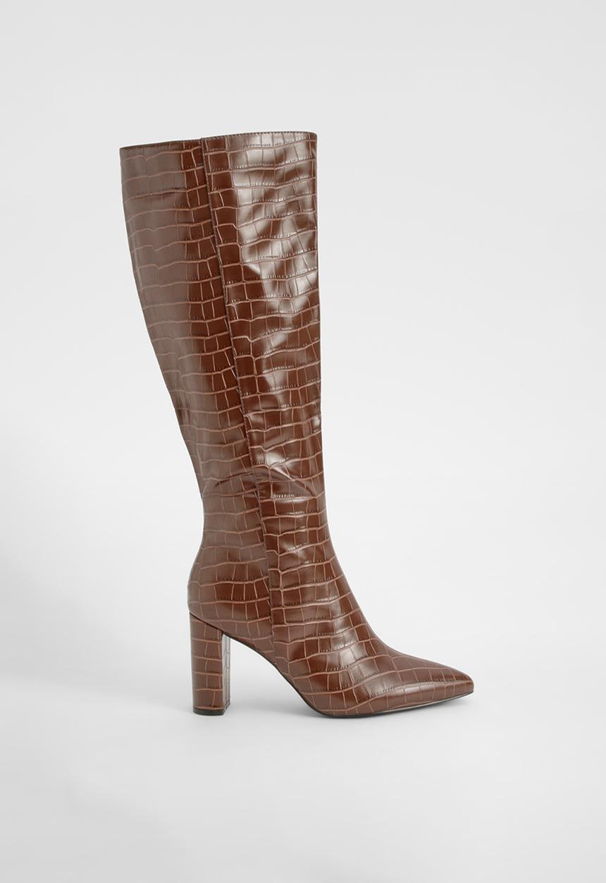 boohoo - Pointed Toe Croc Knee High Boots - Chocolate