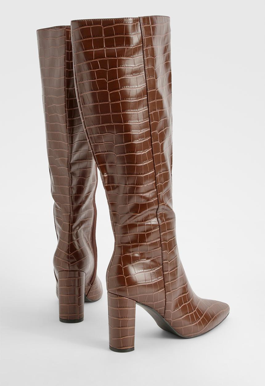 boohoo - Pointed Toe Croc Knee High Boots - Chocolate