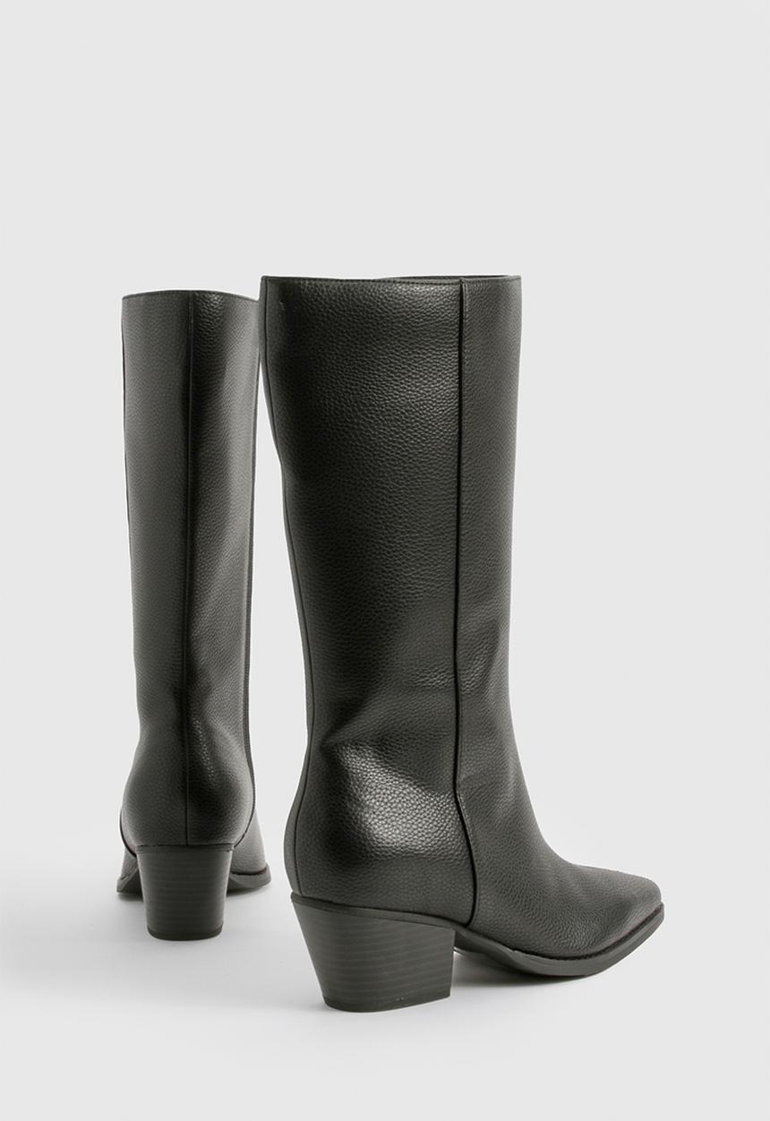 boohoo - Wide Fit Textured Low Block Calf High Western Boots - Black