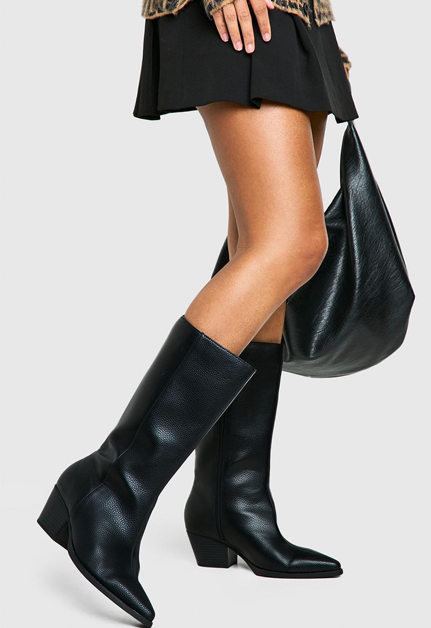 boohoo - Wide Fit Textured Low Block Calf High Western Boots - Black