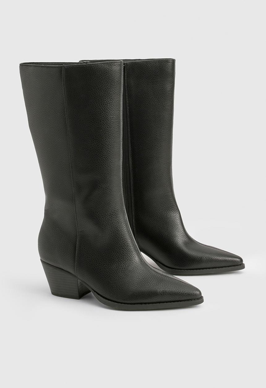 boohoo - Wide Fit Textured Low Block Calf High Western Boots - Black