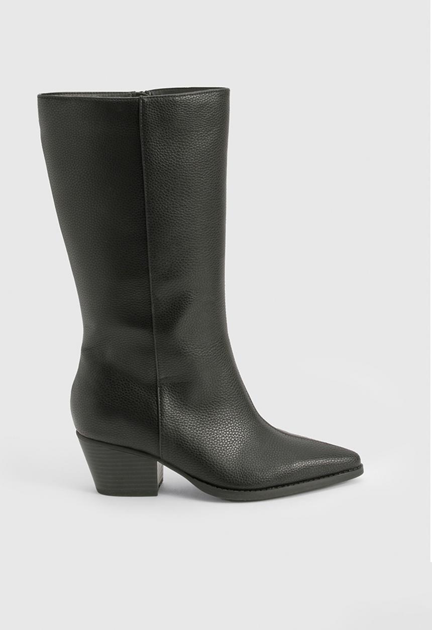 boohoo - Wide Fit Textured Low Block Calf High Western Boots - Black