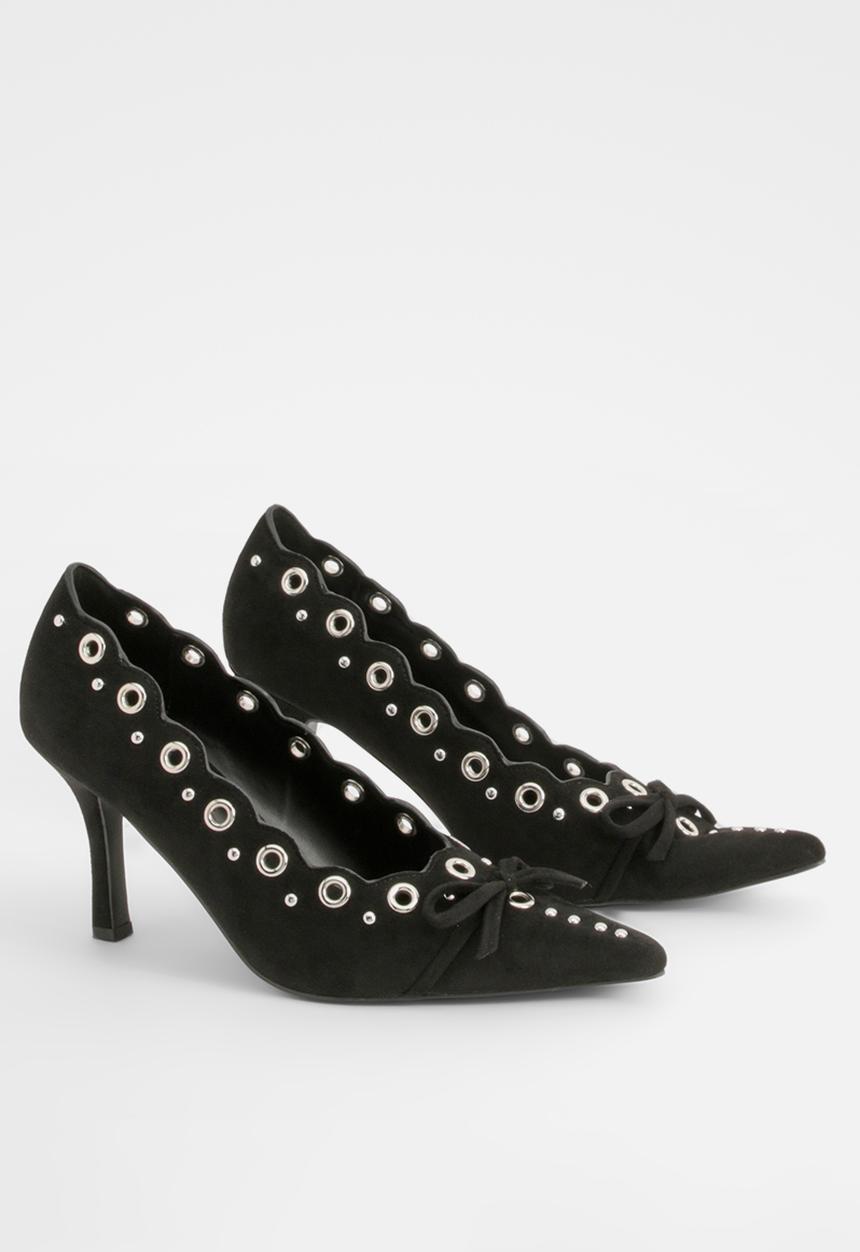 boohoo - Bow detail eyelet court heels - black
