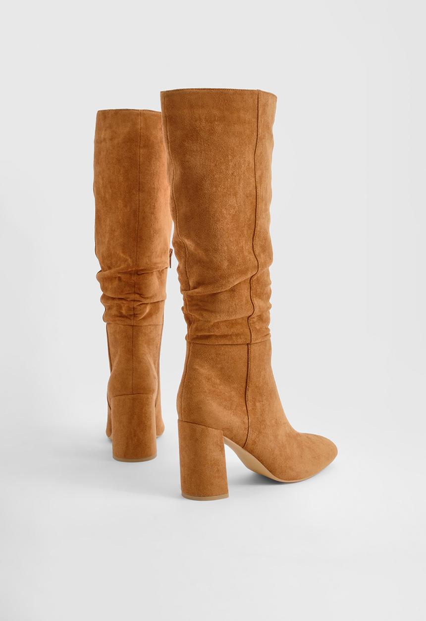 boohoo - Ruched high block heeled knee high boots - tan