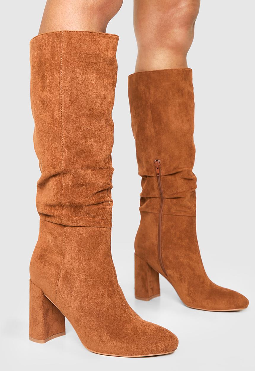 boohoo - Ruched high block heeled knee high boots - tan