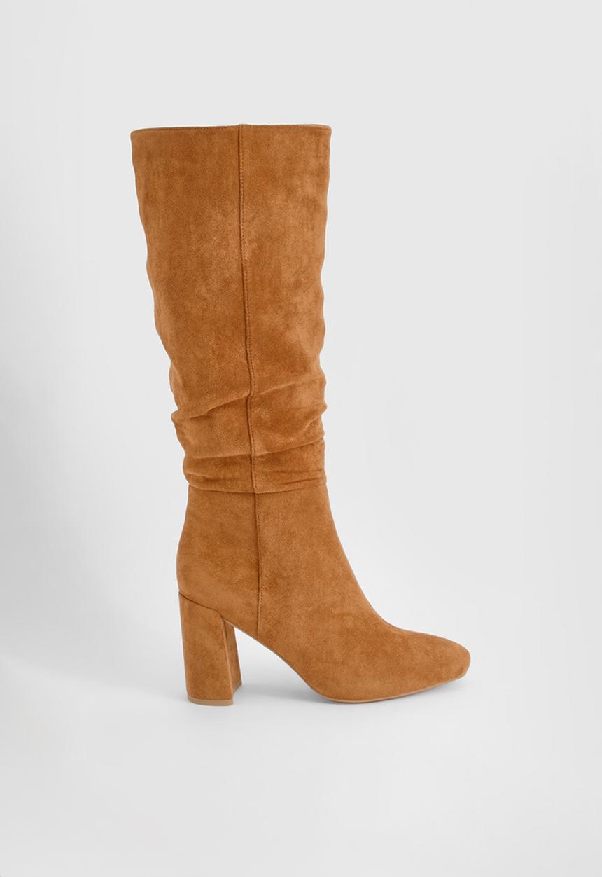 boohoo - Ruched high block heeled knee high boots - tan