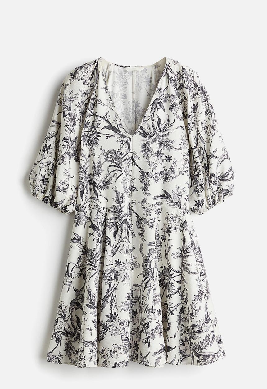 H&M - Flared-skirt dress -  white/grey patterned