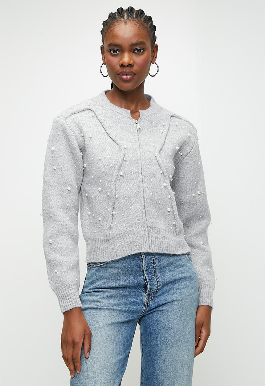 Trendyol - Soft textured zippered stone embroidered jacket-look knitwear - grey 