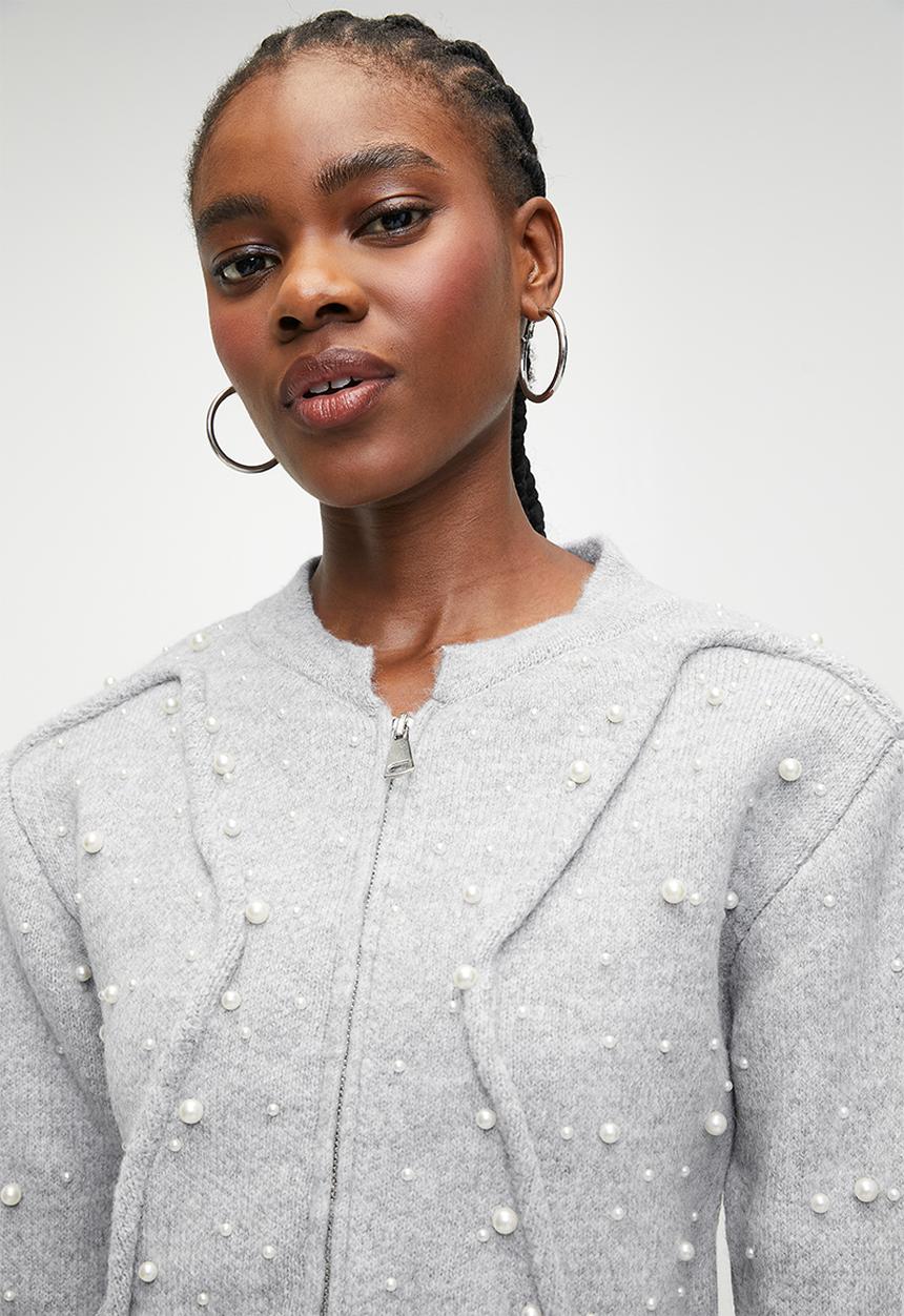 Trendyol - Soft textured zippered stone embroidered jacket-look knitwear - grey 