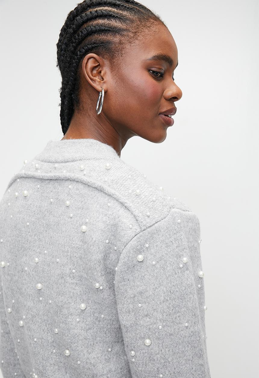 Trendyol - Soft textured zippered stone embroidered jacket-look knitwear - grey 