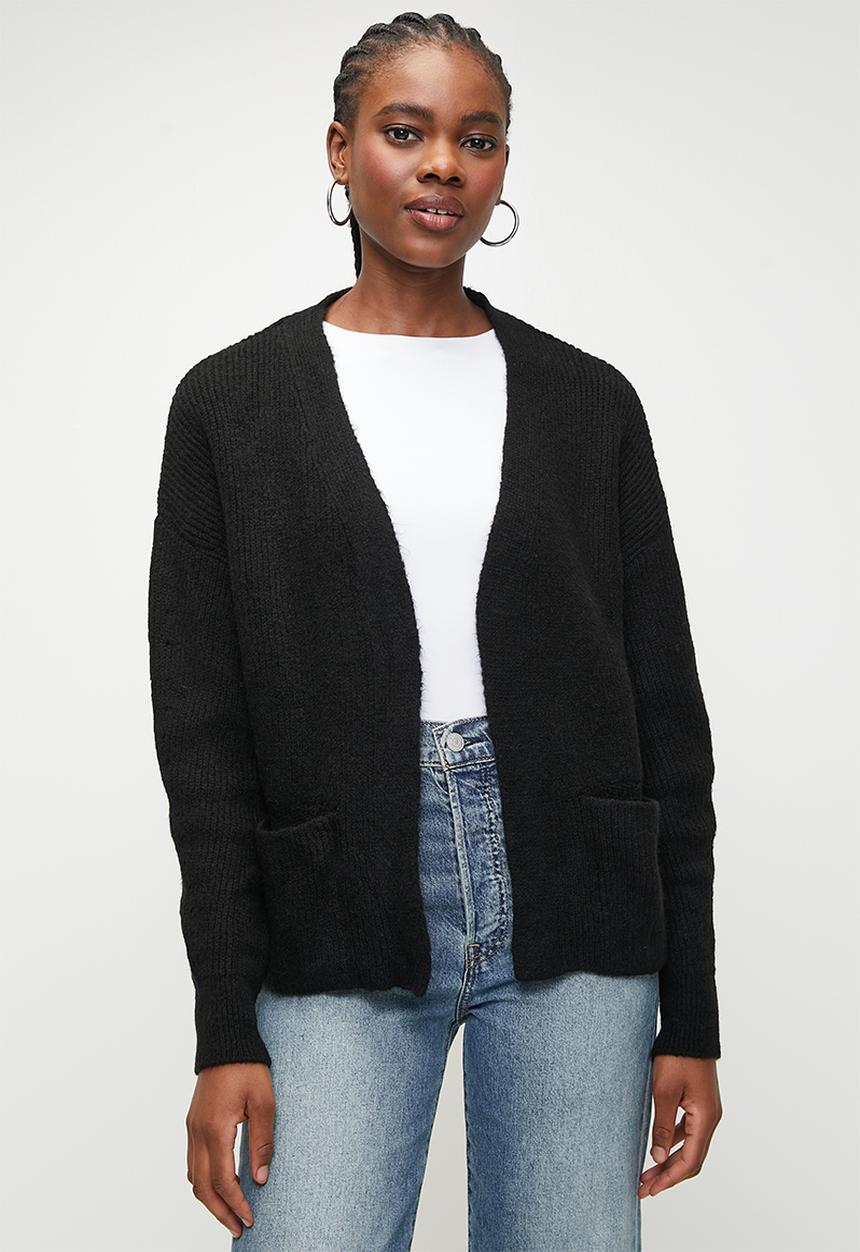 Trendyol - Black wide pattern soft texture pocket detailed knitwear cardigan