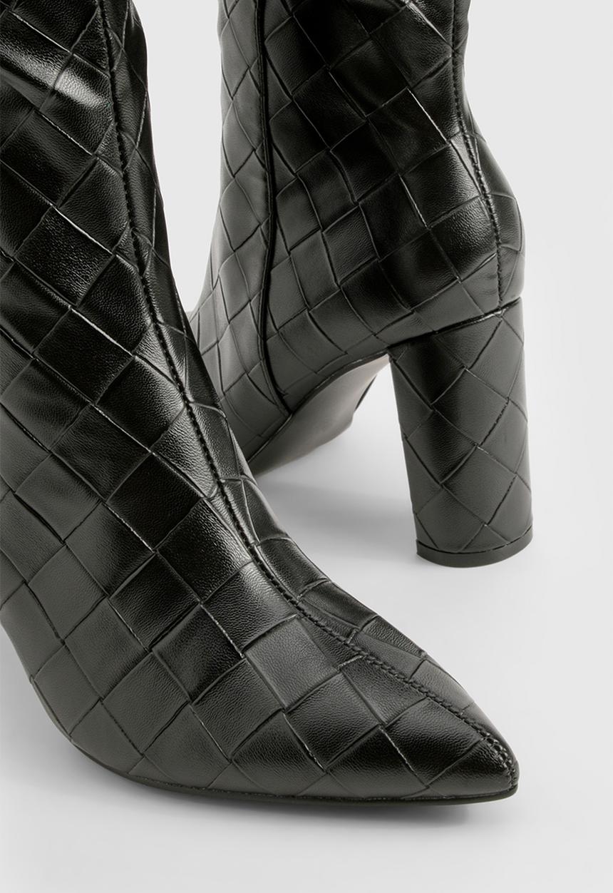 boohoo - Woven detail block heeled knee high boots - black