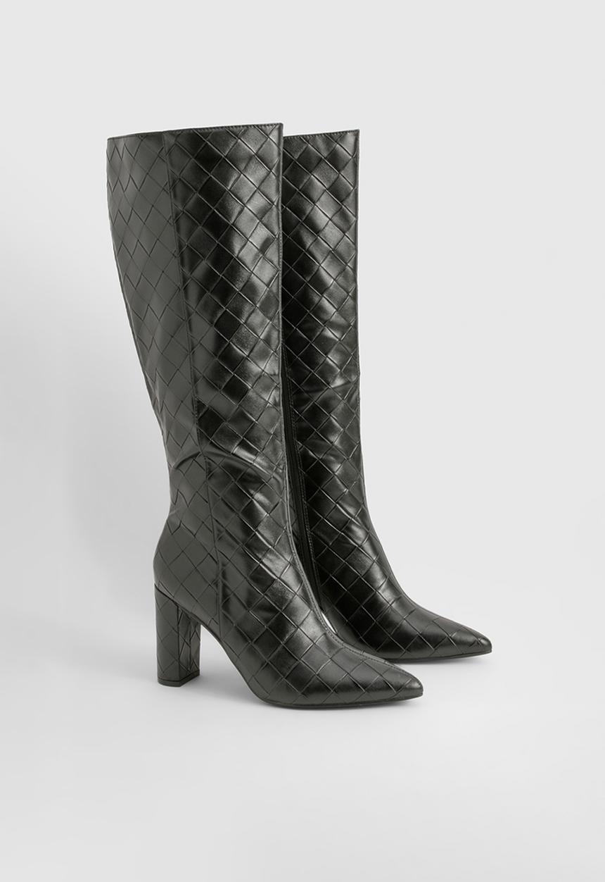 boohoo - Woven detail block heeled knee high boots - black