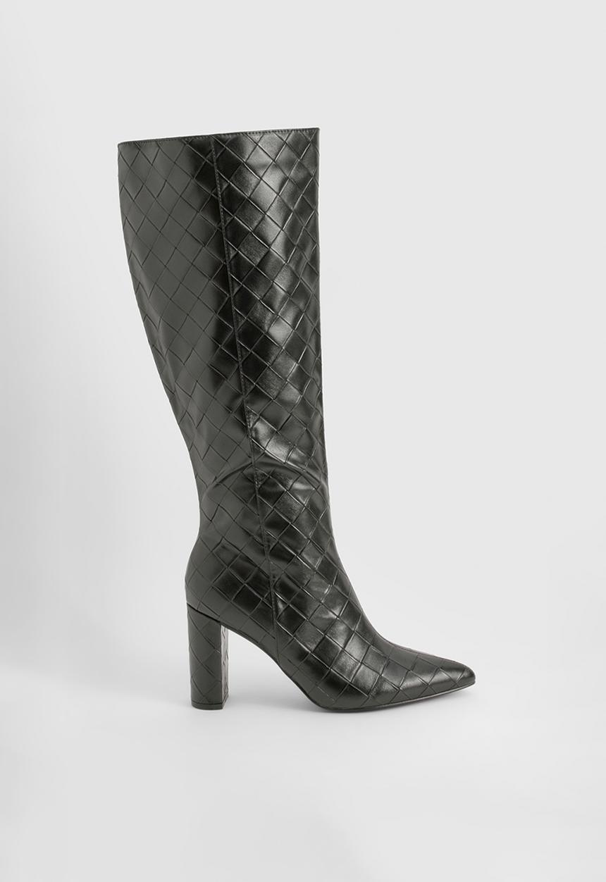 boohoo - Woven detail block heeled knee high boots - black