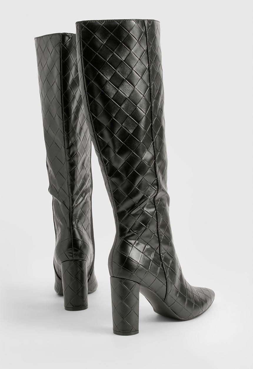boohoo - Woven detail block heeled knee high boots - black