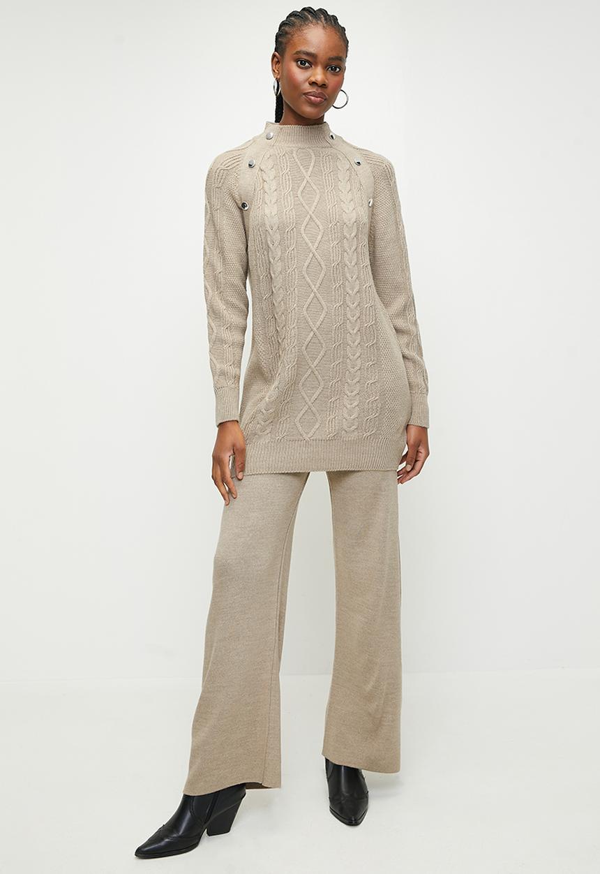 Trendyol - Button detailed hair knitted sweater top-bottom set - mink 