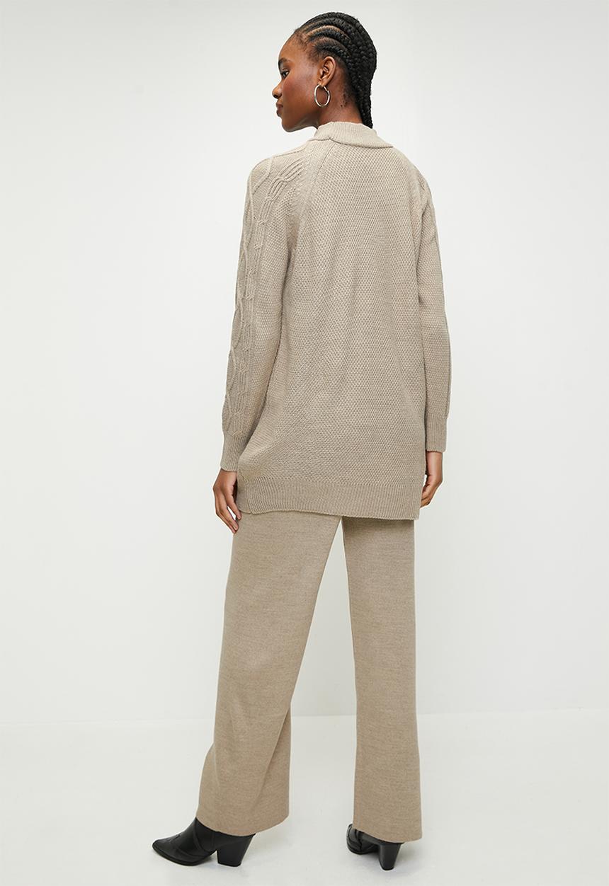 Trendyol - Button detailed hair knitted sweater top-bottom set - mink 