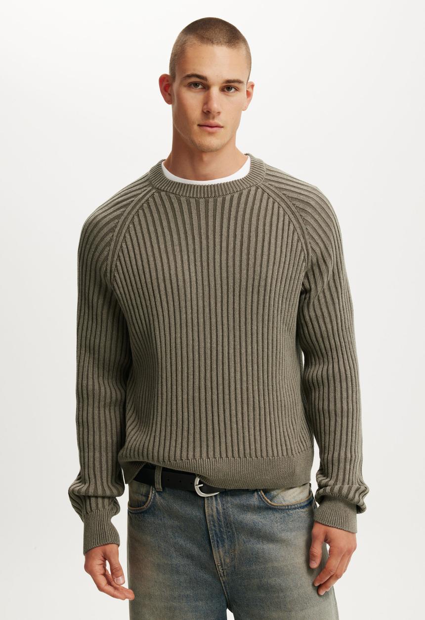 Cotton On - Box Fit Rib Crew Knit - Khaki