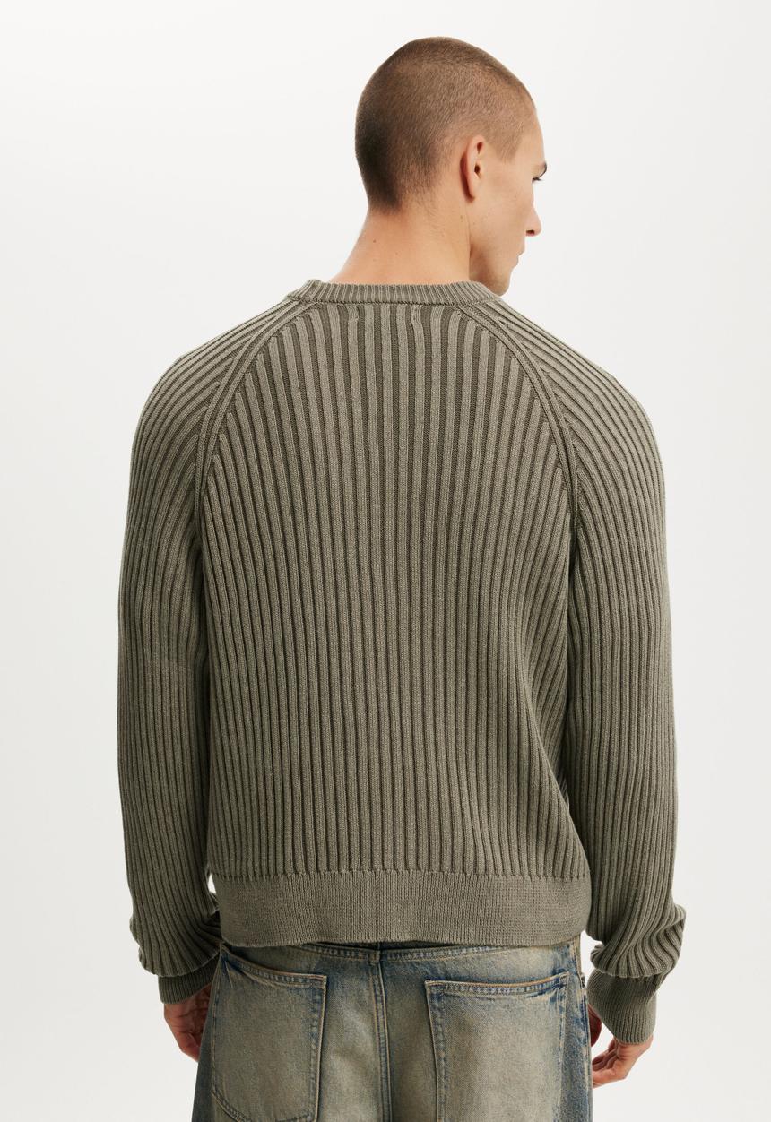 Cotton On - Box Fit Rib Crew Knit - Khaki