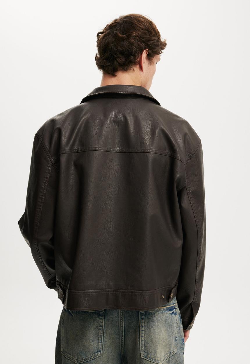 Cotton On - Faux Leather Cropped Harrington - Vintage Brown