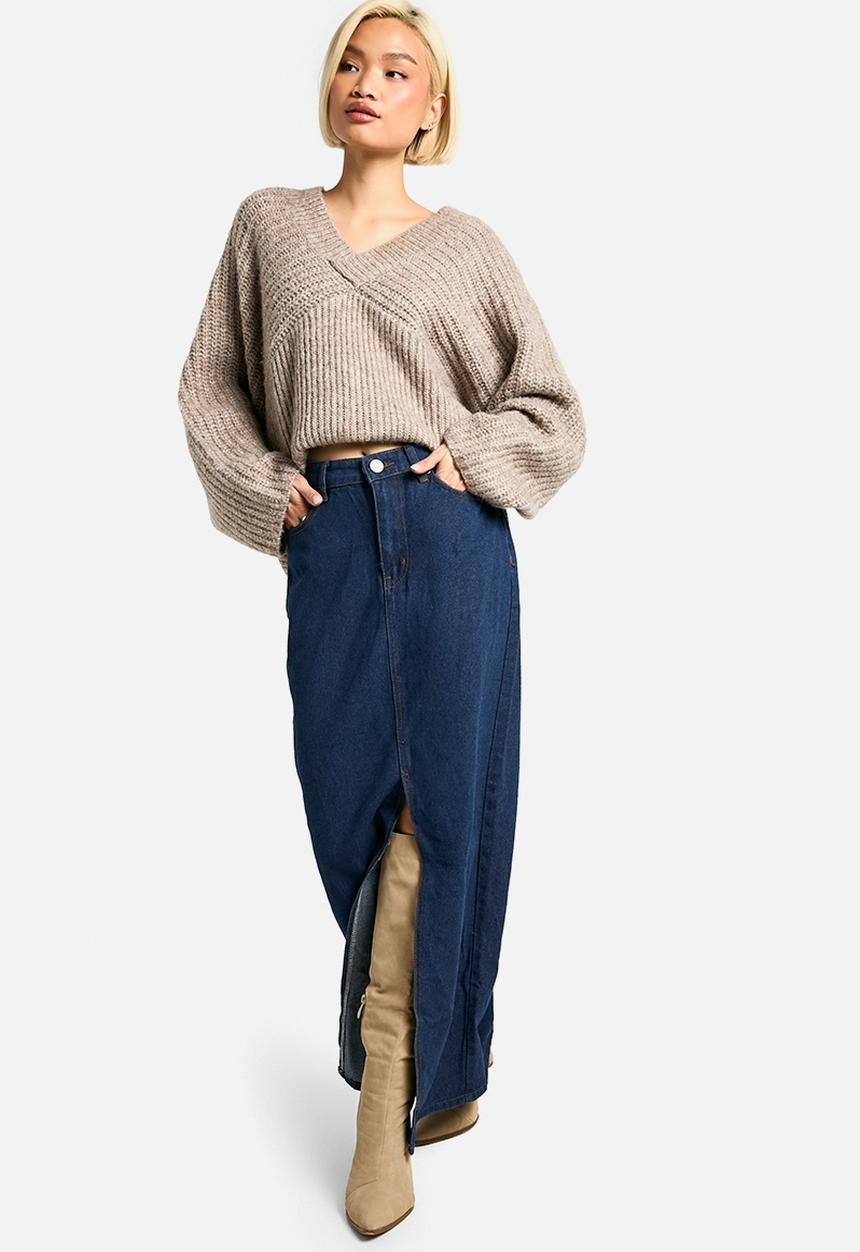 boohoo - Dark Wash Split Front Denim Maxi Skirt - Dark Wash