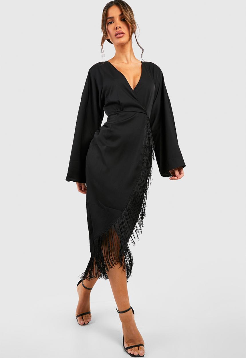 boohoo - Tassel Hem Wrap Midi Dress - Black