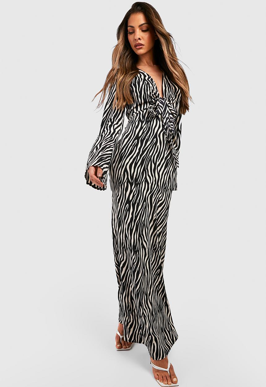 boohoo - Zebra Cut Out Tie Front Maxi Dress - black