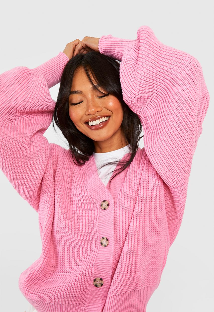 boohoo - Balloon Sleeve Button Through Rib Cardigan - Pink