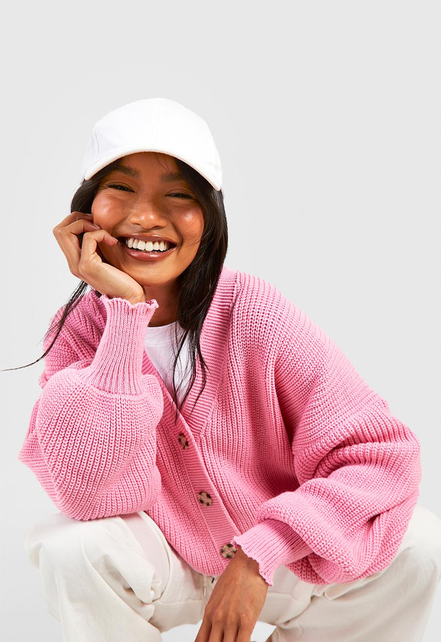 boohoo - Balloon Sleeve Button Through Rib Cardigan - Pink