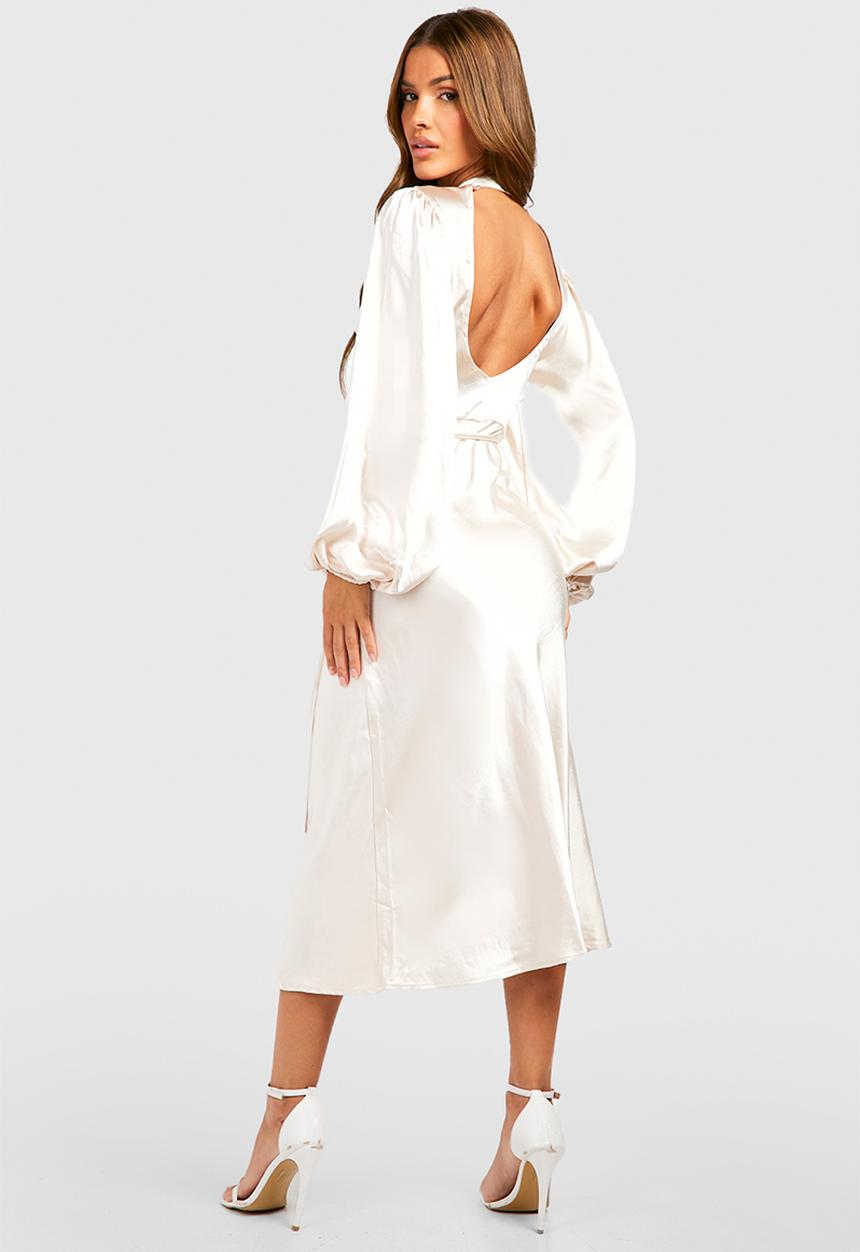 boohoo - Satin High Neck Balloon Sleeve Midi Dress - Champagne