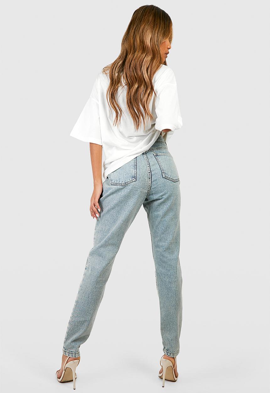boohoo - Basics 32 Inch Leg High Waisted Ripped Mom Jeans - Washed Blue