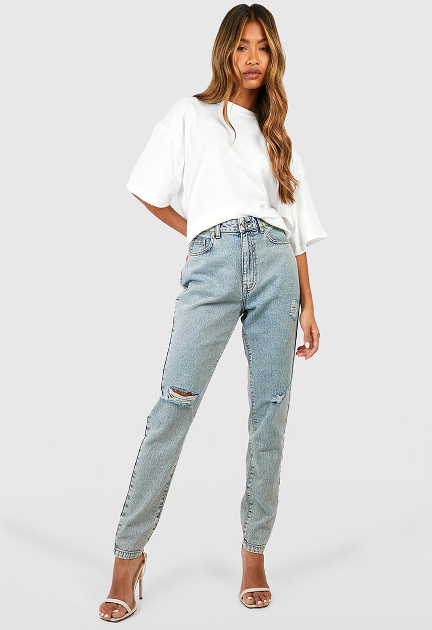 boohoo - Basics 32 Inch Leg High Waisted Ripped Mom Jeans - Washed Blue