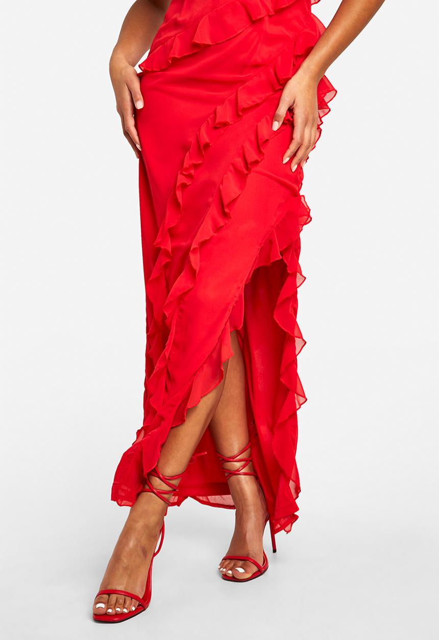 boohoo - Ruffle Chiffon Maxi Dress - Red