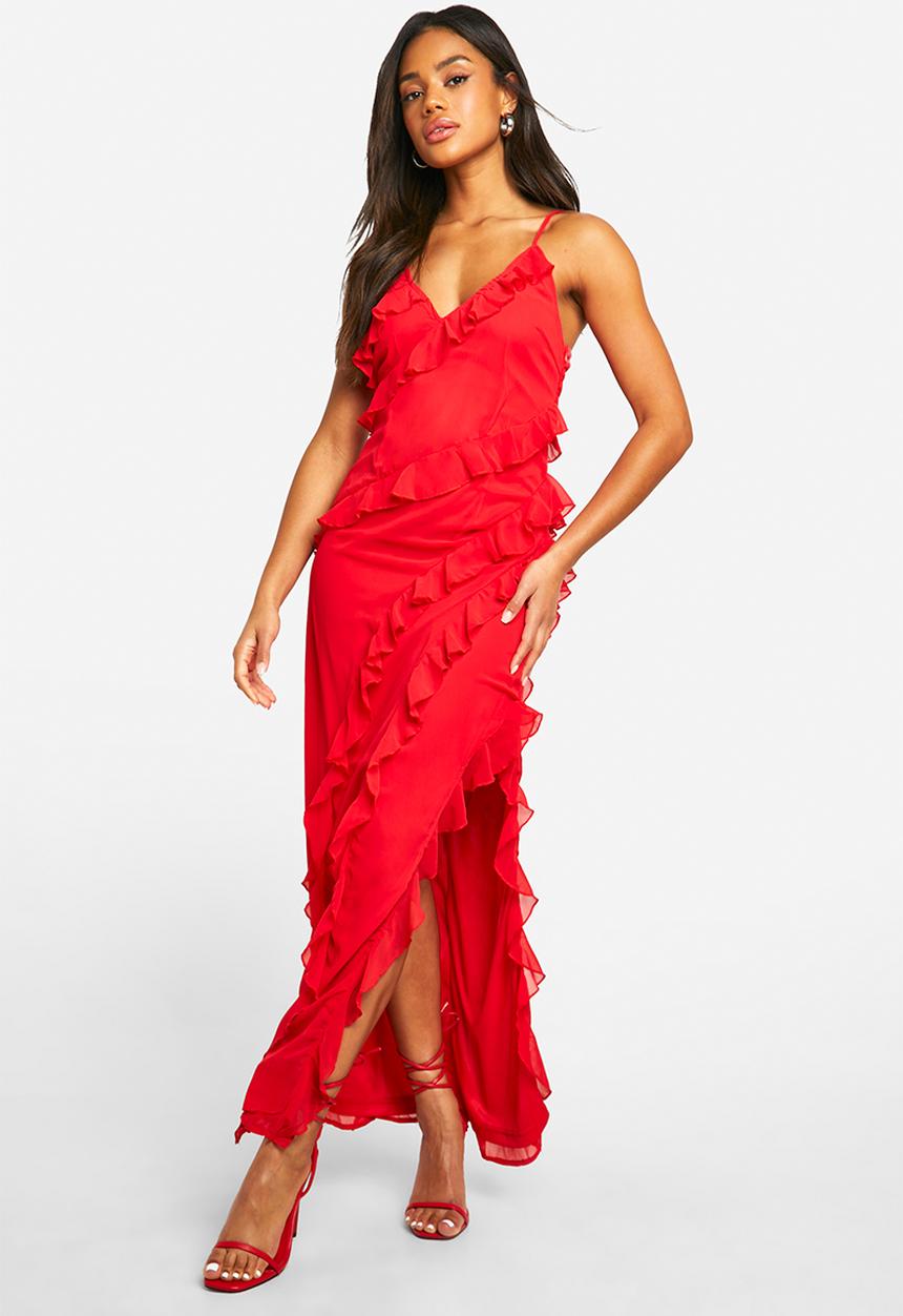 boohoo - Ruffle Chiffon Maxi Dress - Red
